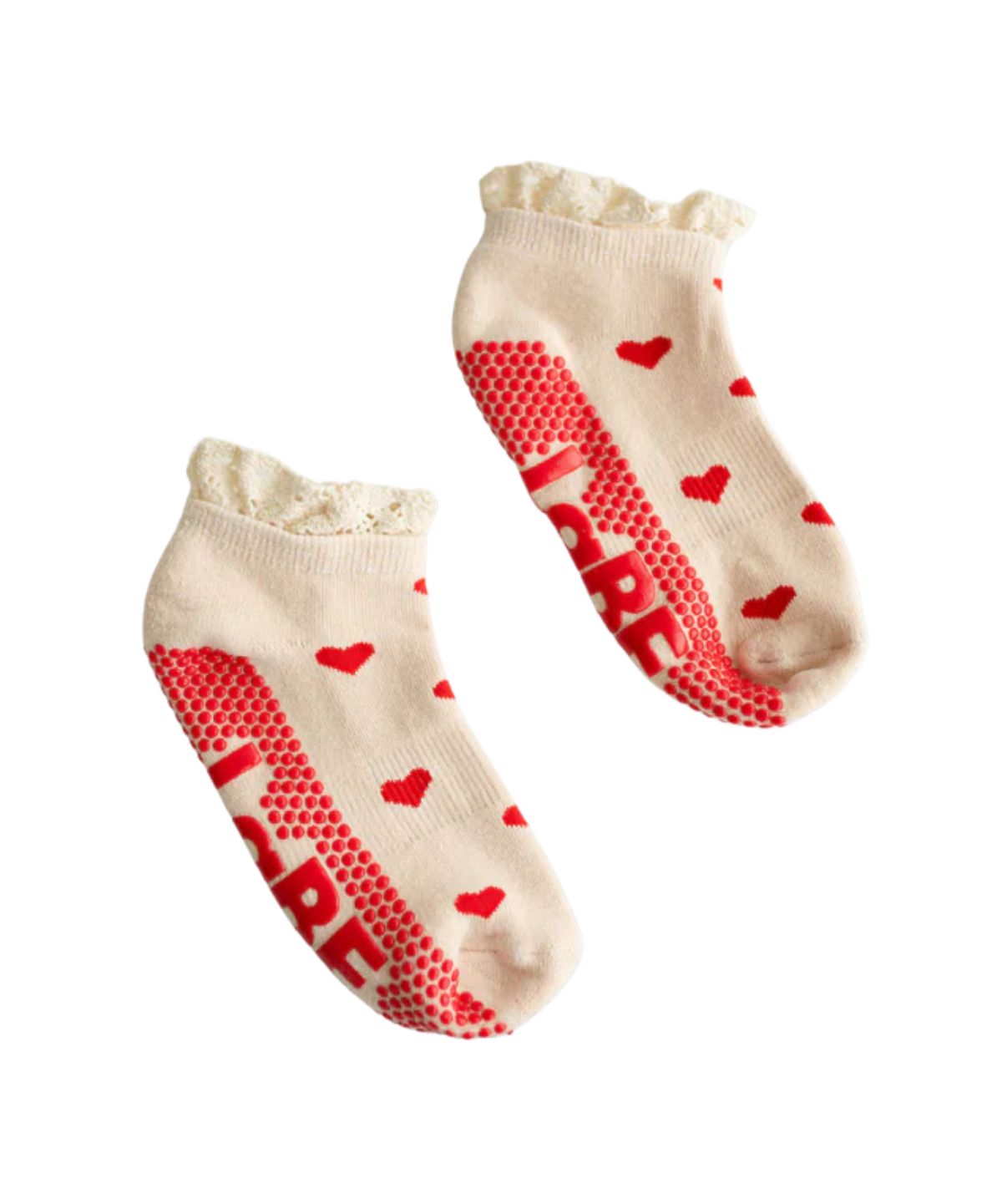 Beige Low-Rise Grip Socken mit roten Herzchen & Rüschenrand – feminin & rutschfest für Pilates & Yoga.
