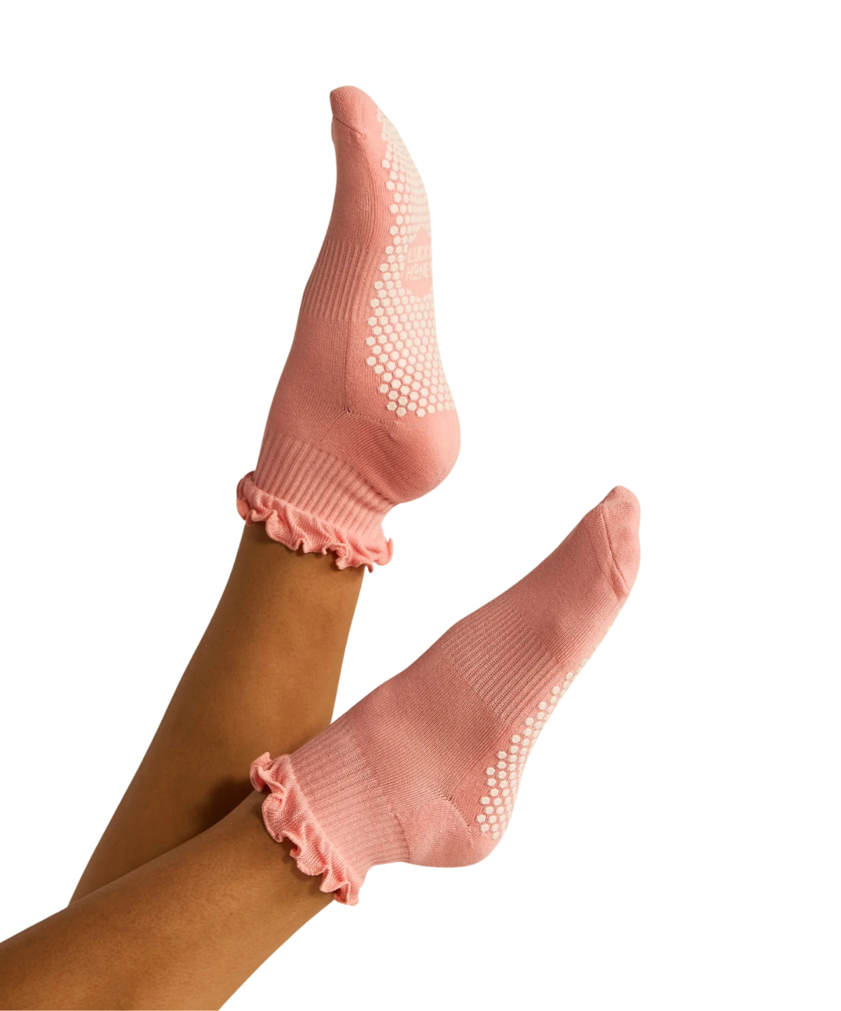 Lucky Honey Crew‑Socke Grapefruit mit Rüschenrand flach ausgelegt