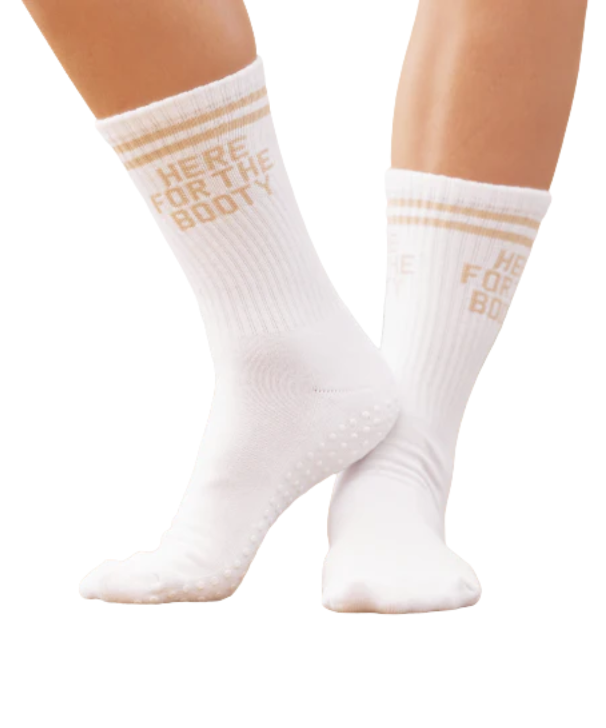 Weiße Souls. Grip Socke mit beigem „Here for the Booty“-Schriftzug