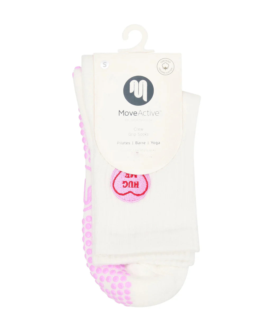 Detailaufnahme der rosa PVC-Grip-Sohle mit „Hug Me“-Design