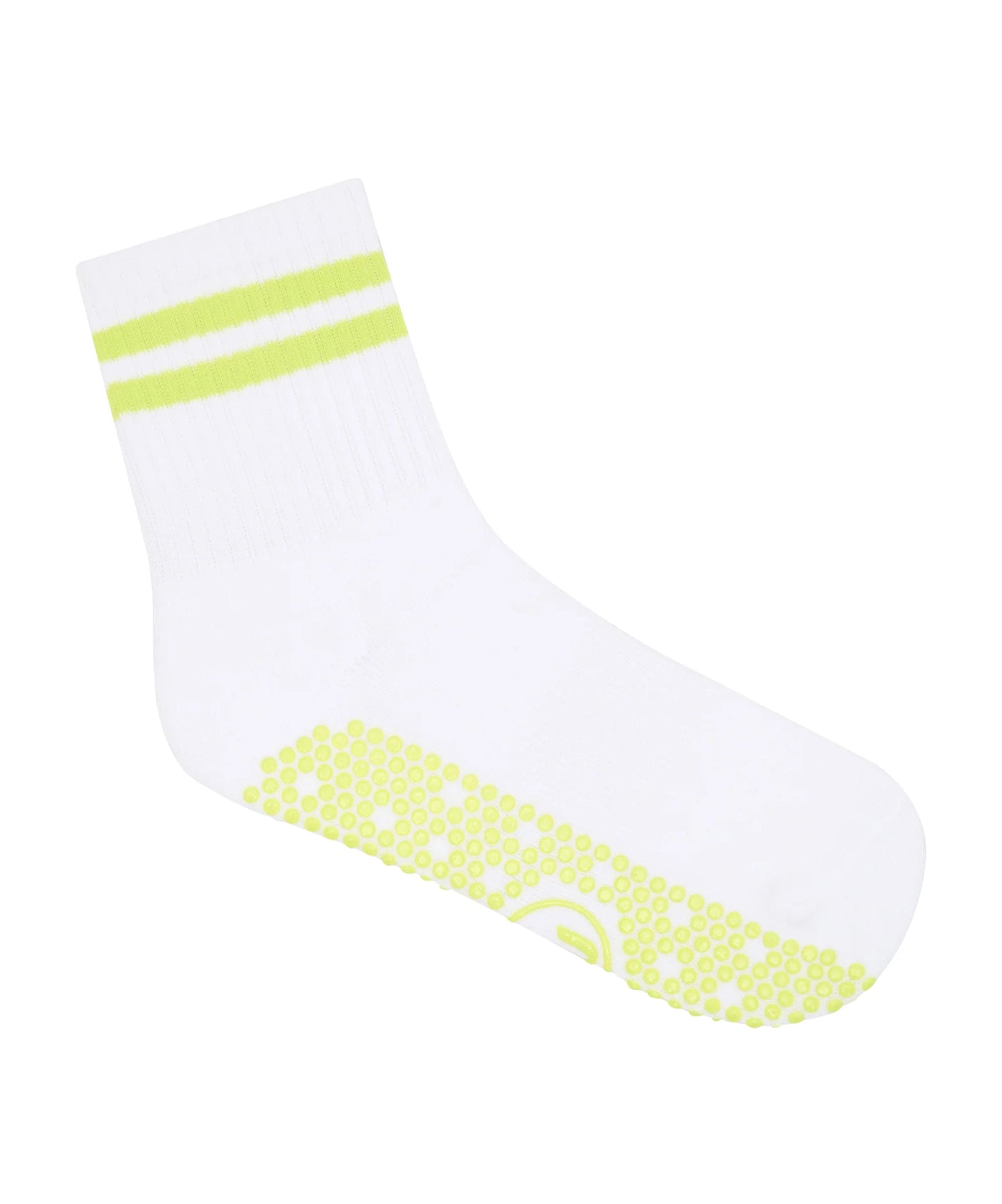 Weiße Crew Grip Socken mit neongrünen Streifen – Seitenansicht