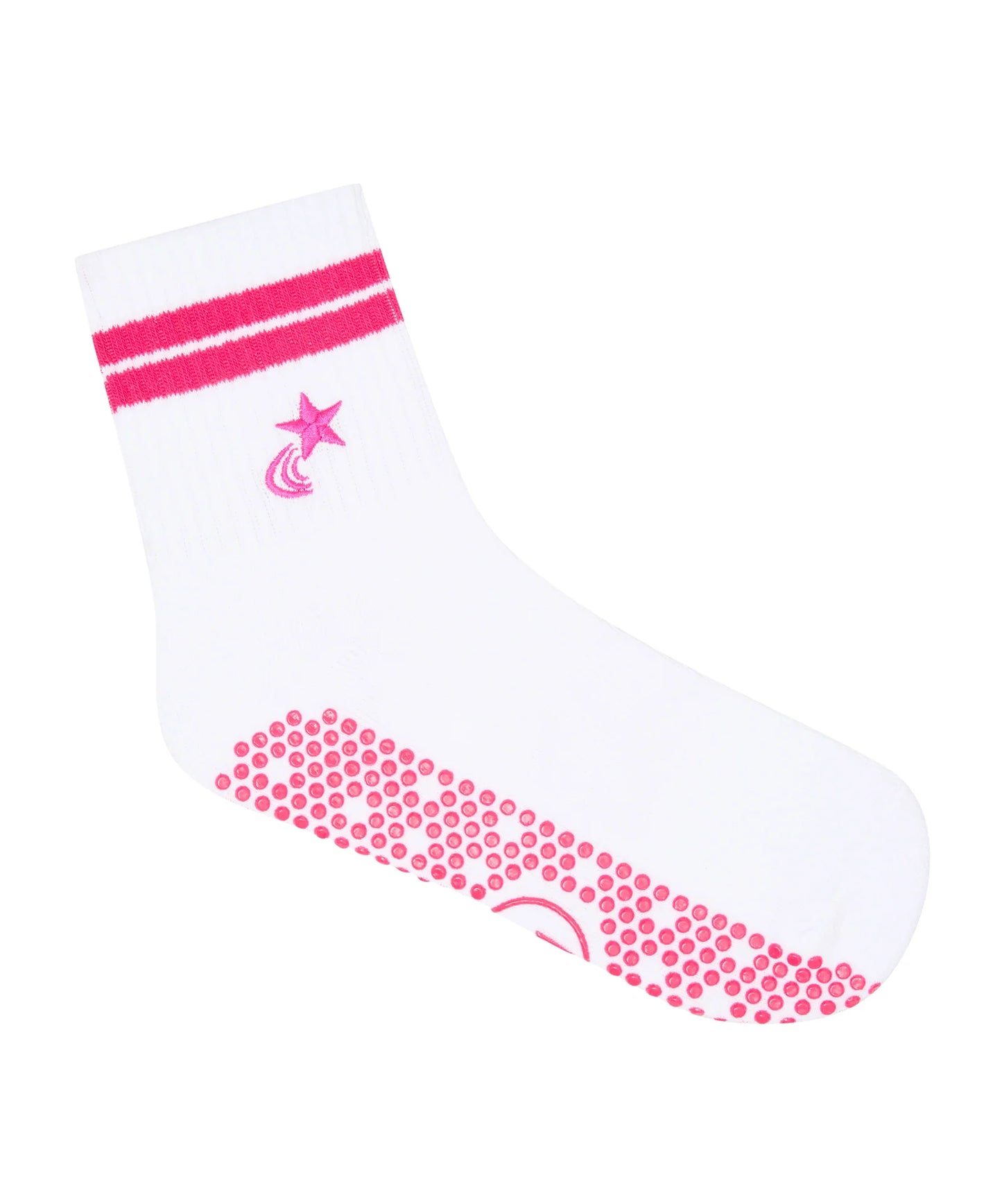 Weiße Grip Socken mit neonpinken Streifen – Seitenansicht auf weißem Hintergrund