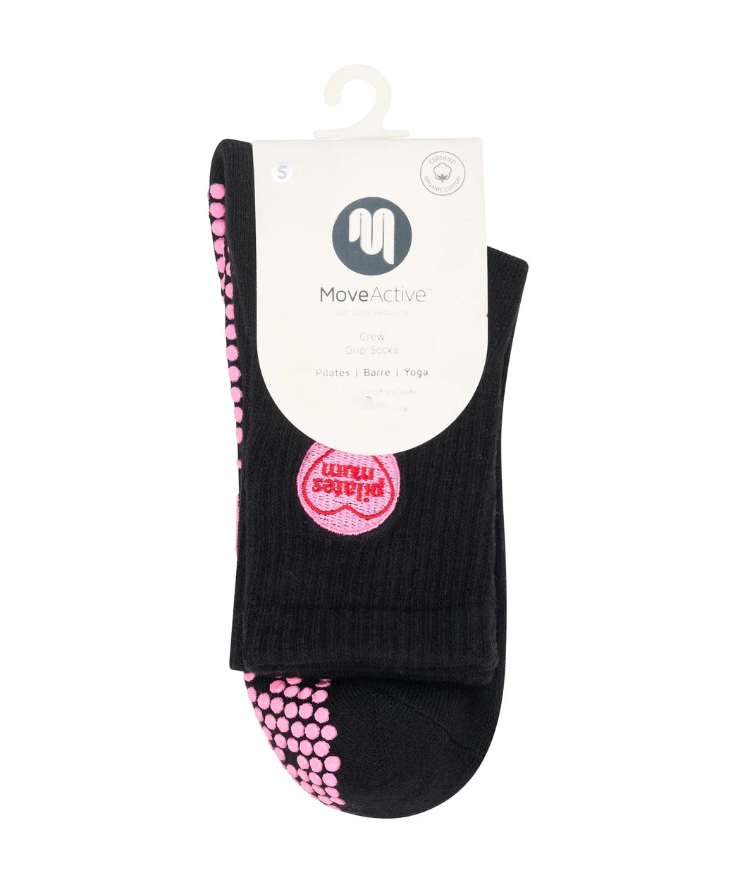 Sohlenansicht der schwarzen Socken mit pinkem Grip-Design
