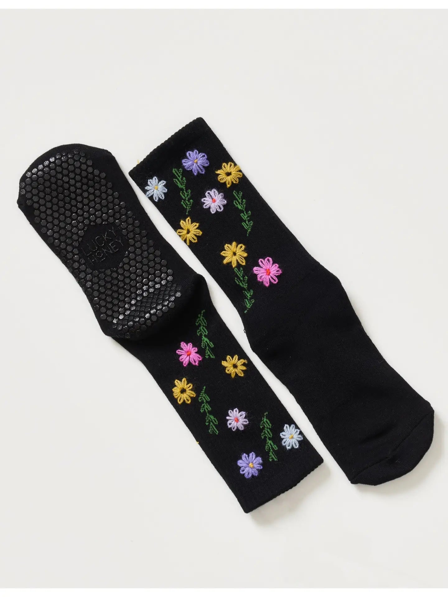 Lucky Honey wild flower black grip socks