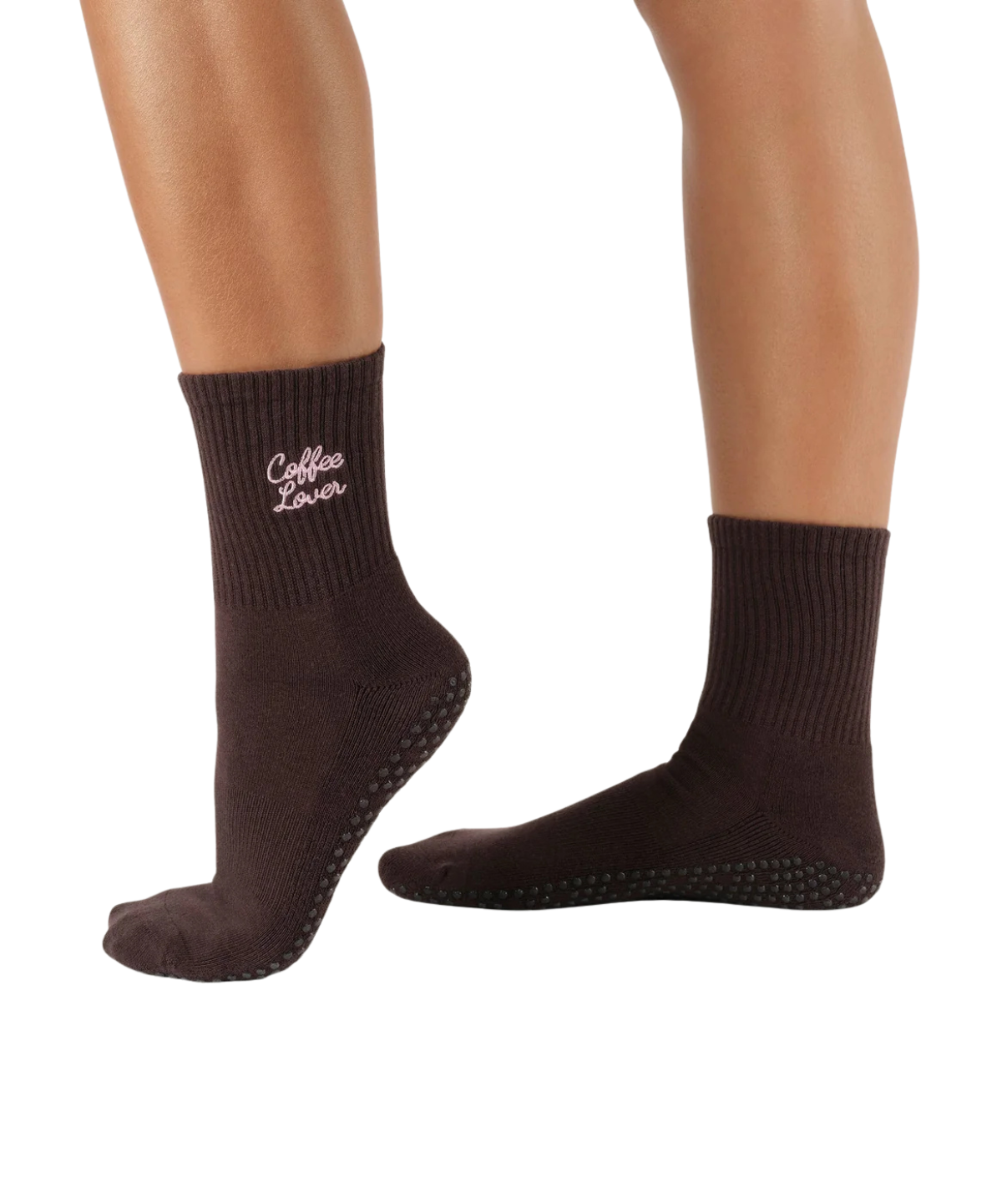 Braune Pilates Socken mit Coffee Lover Schriftzug – Anti-Rutsch
