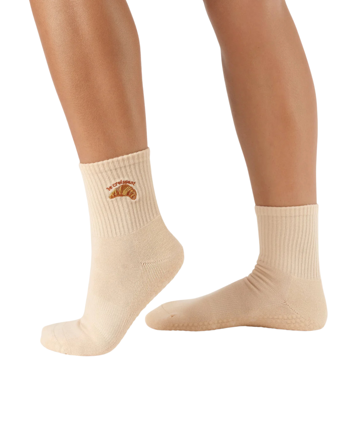 Pilates Socken beige mit Croissant Stickerei – Anti-Rutsch