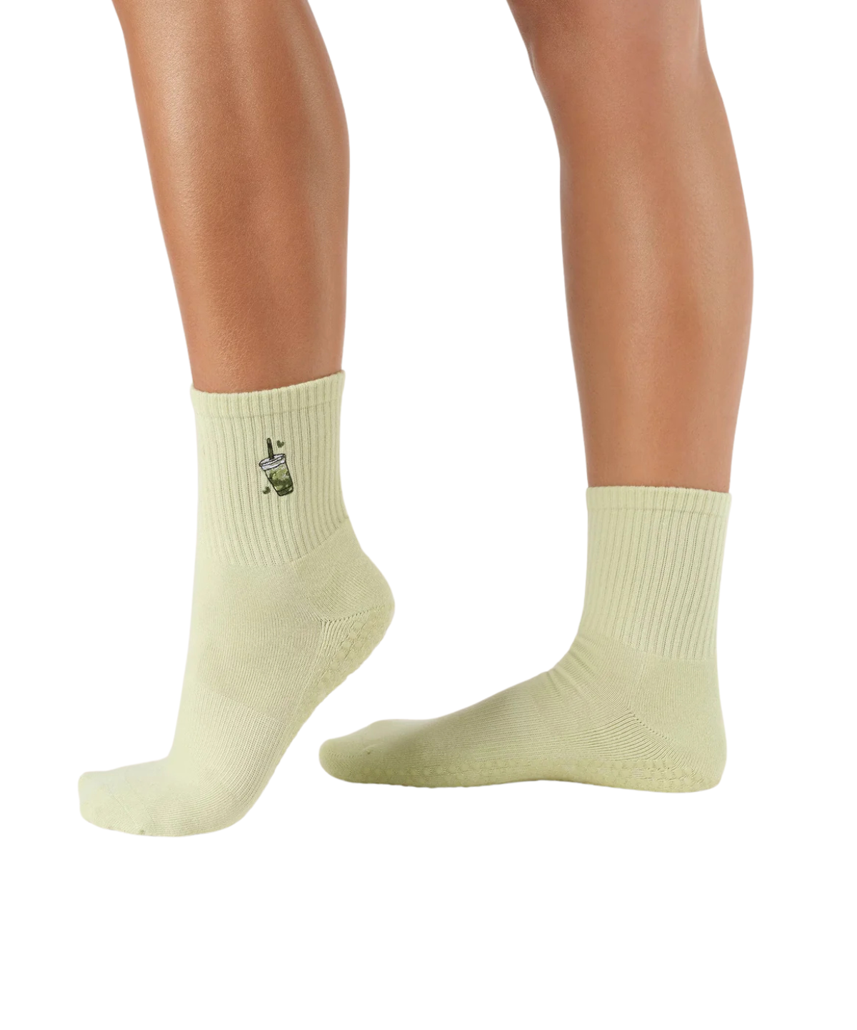 Pilates Crew Socken grün mit Matcha Stickerei – Anti-Rutsch
