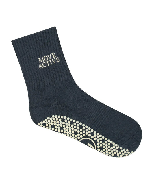 Schwarz glatte Crew Grip Sock mit silbernem Move Active Logo, flach ausgelegt