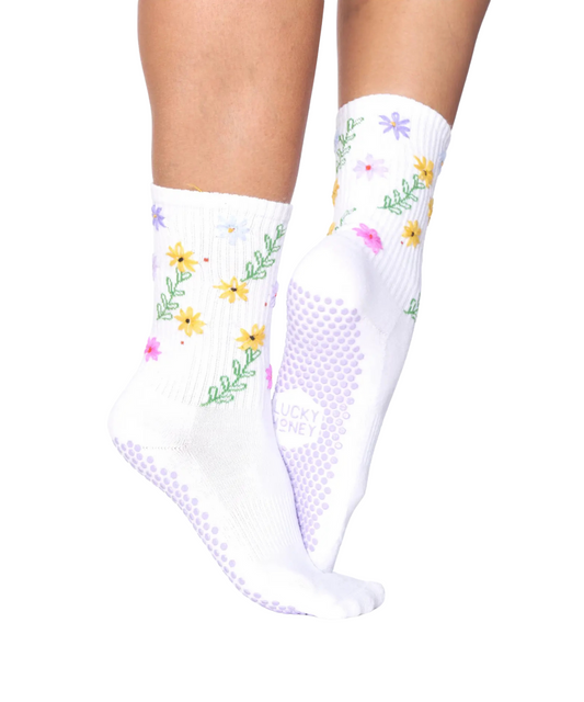 Weiße Grip Socke mit bunter Blumenstickerei