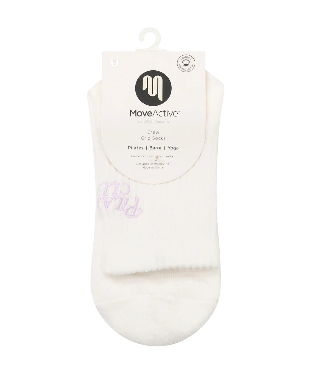 Move Active Crew Grip Socks Pilates Club ivory packaging