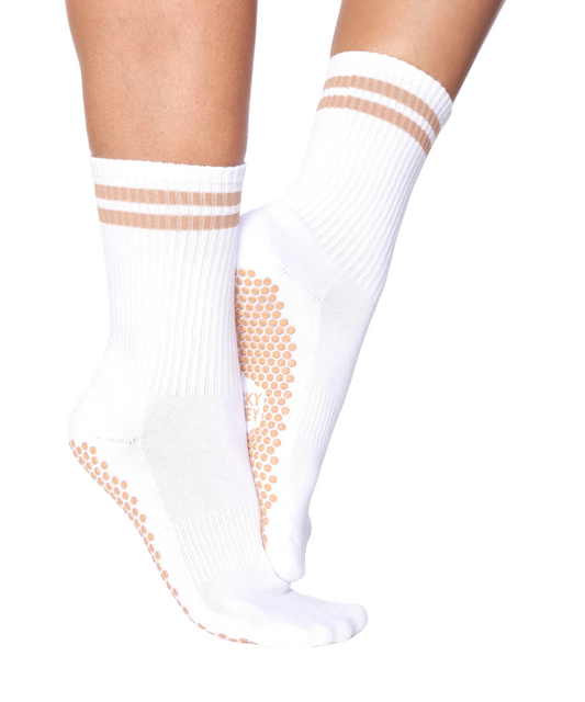 Lucky Honey Retro-Style Pilates Socken mit beigen Streifen – perfekt für Workouts & Freizeit