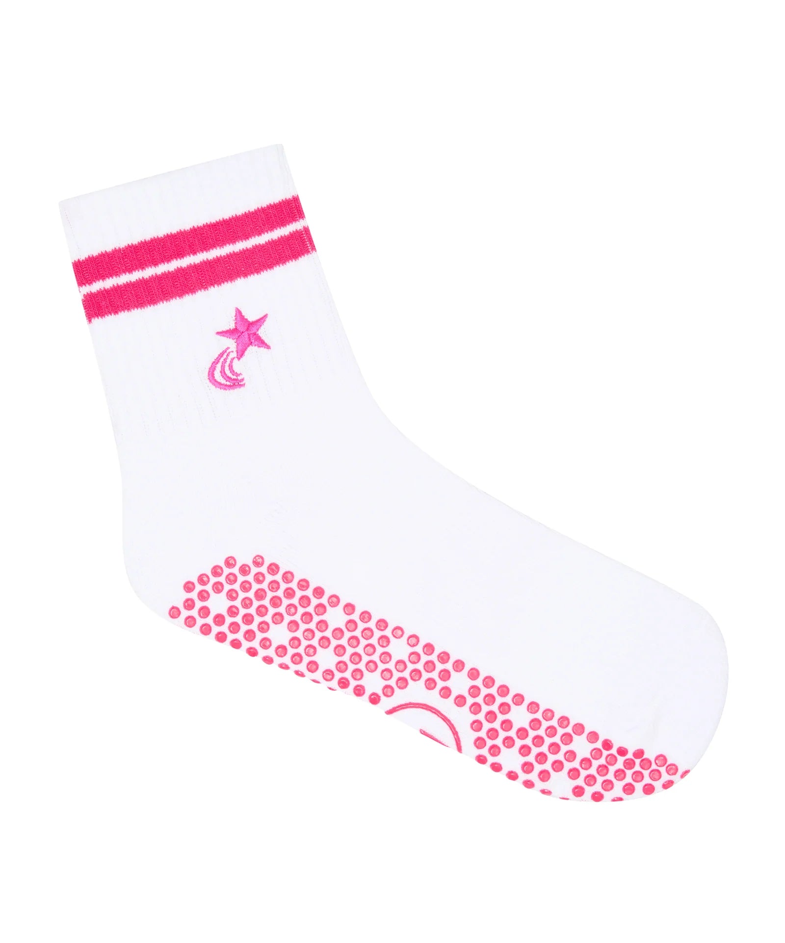 Weiße Grip Socken mit neonpinken Streifen – Seitenansicht auf weißem Hintergrund
