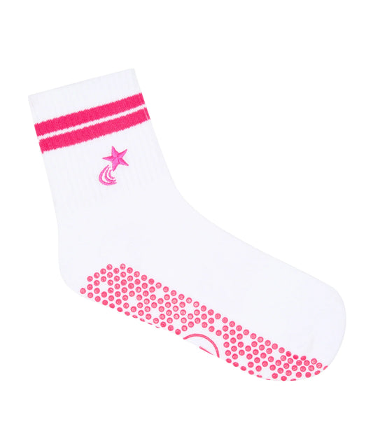 Weiße Grip Socken mit neonpinken Streifen – Seitenansicht auf weißem Hintergrund
