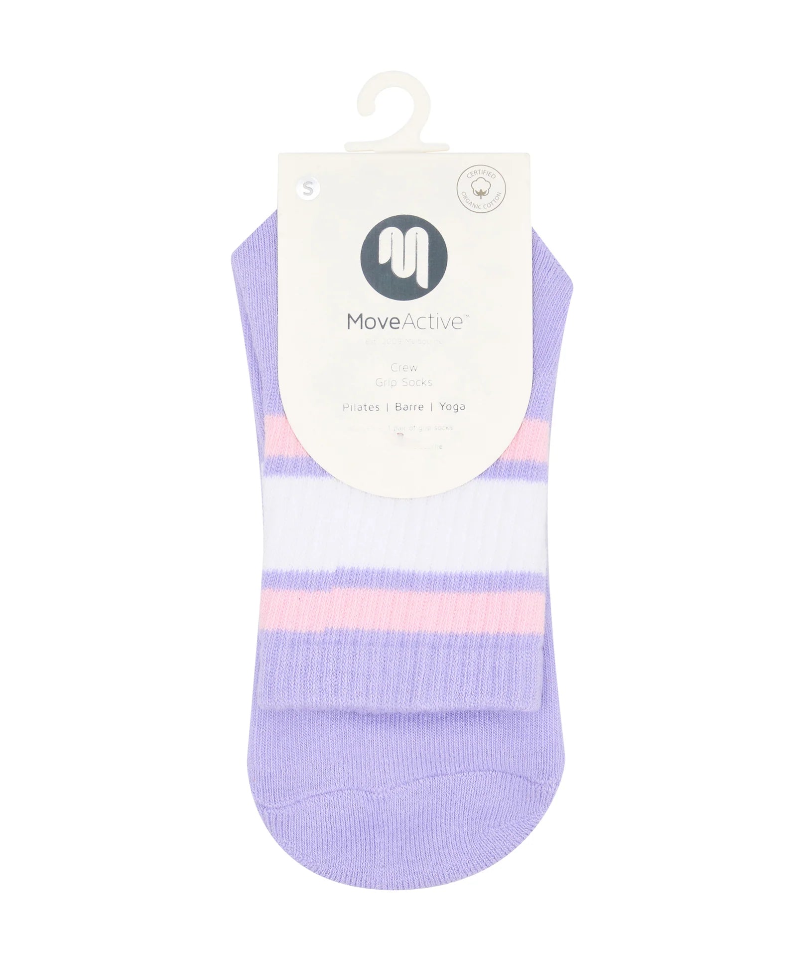 Stylische Purple Rain Stripe Socken am Fuß getragen – Rückansicht
