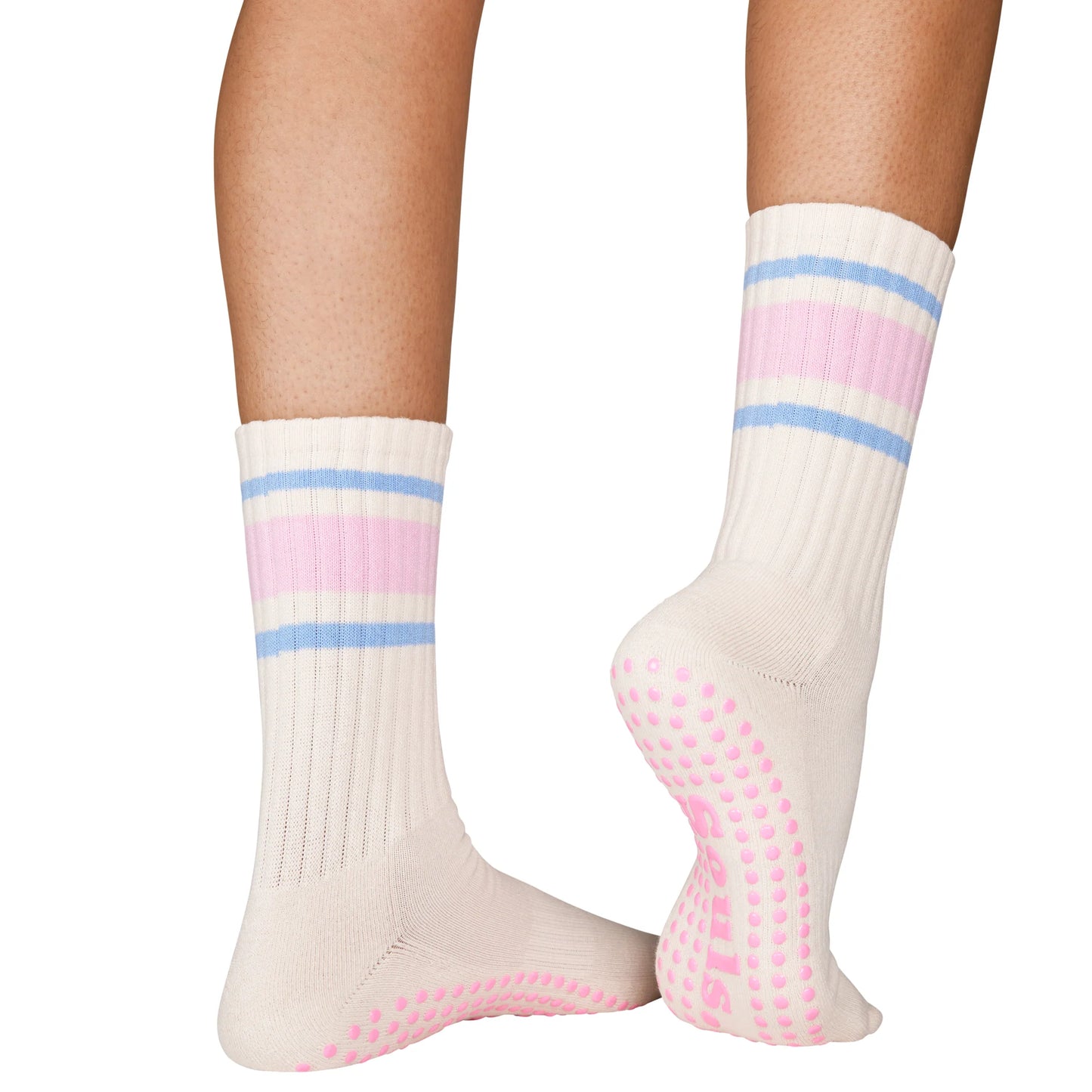 Pilates Socken Pink Retro mit babyblauen & rosa Streifen